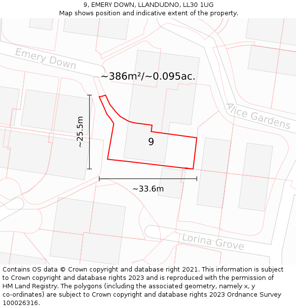 9, EMERY DOWN, LLANDUDNO, LL30 1UG: Plot and title map