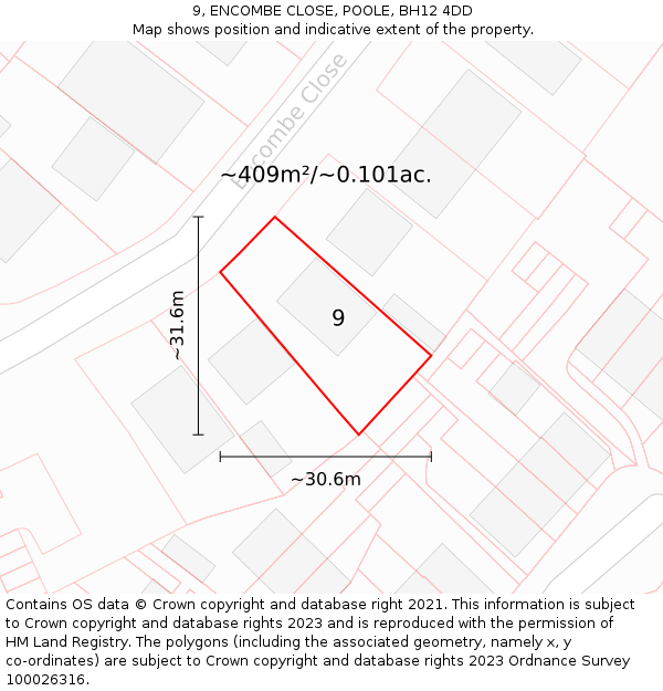 9, ENCOMBE CLOSE, POOLE, BH12 4DD: Plot and title map