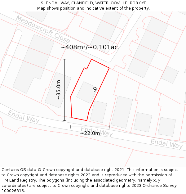 9, ENDAL WAY, CLANFIELD, WATERLOOVILLE, PO8 0YF: Plot and title map