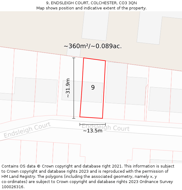 9, ENDSLEIGH COURT, COLCHESTER, CO3 3QN: Plot and title map