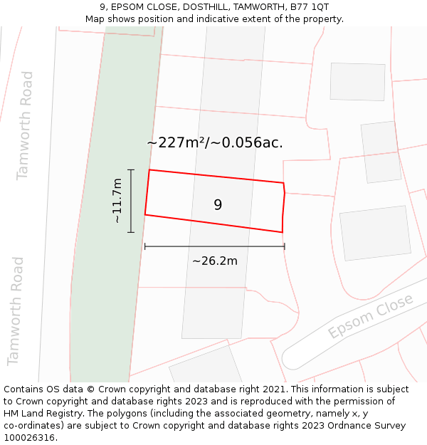 9, EPSOM CLOSE, DOSTHILL, TAMWORTH, B77 1QT: Plot and title map