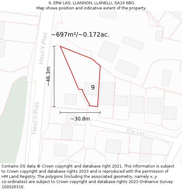 9, ERW LAS, LLANNON, LLANELLI, SA14 6BG: Plot and title map