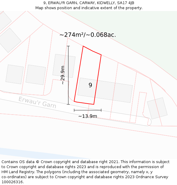 9, ERWAU'R GARN, CARWAY, KIDWELLY, SA17 4JB: Plot and title map