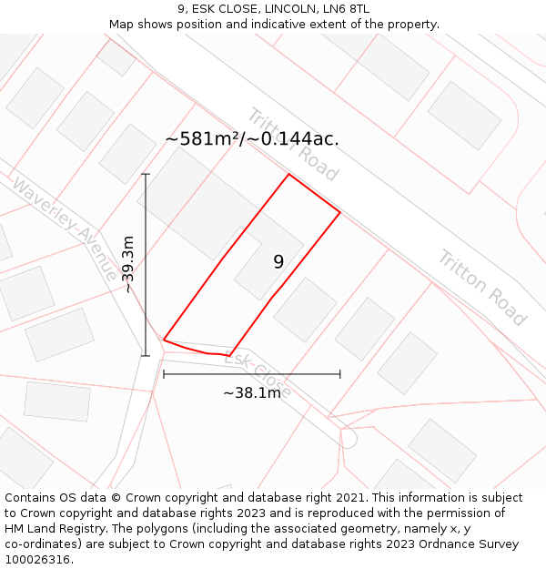 9, ESK CLOSE, LINCOLN, LN6 8TL: Plot and title map