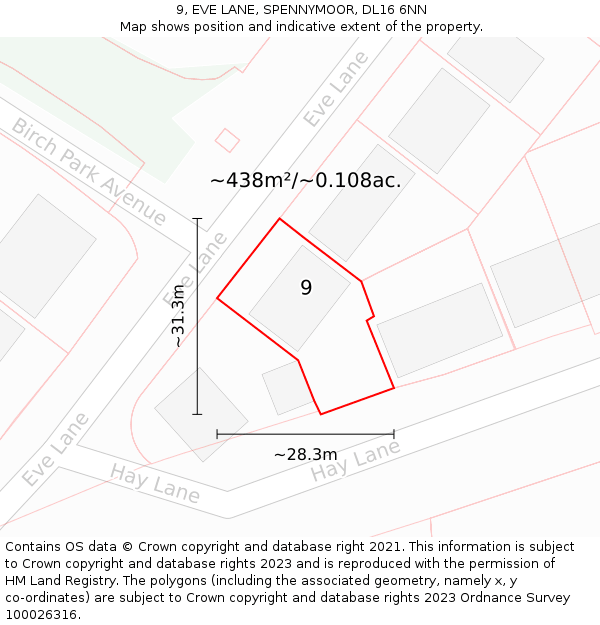 9, EVE LANE, SPENNYMOOR, DL16 6NN: Plot and title map