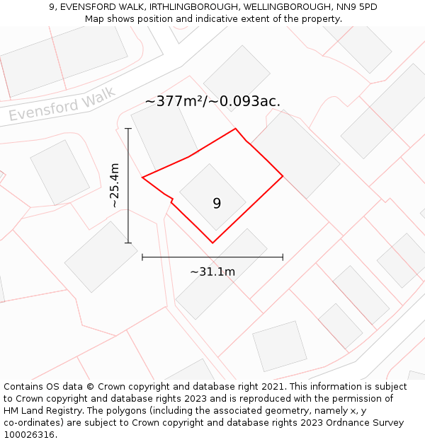 9, EVENSFORD WALK, IRTHLINGBOROUGH, WELLINGBOROUGH, NN9 5PD: Plot and title map