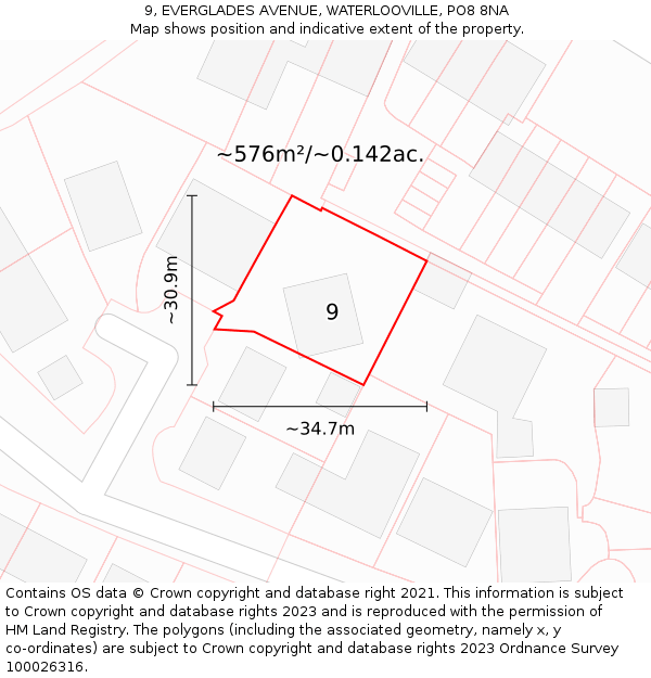 9, EVERGLADES AVENUE, WATERLOOVILLE, PO8 8NA: Plot and title map