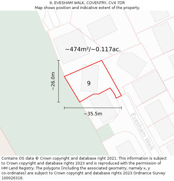 9, EVESHAM WALK, COVENTRY, CV4 7DR: Plot and title map