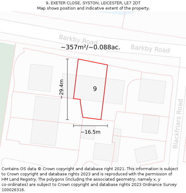 9, EXETER CLOSE, SYSTON, LEICESTER, LE7 2DT: Plot and title map
