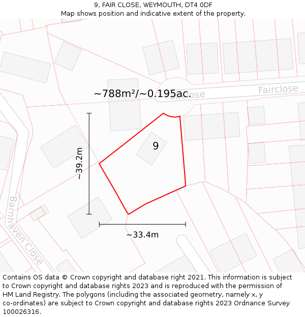 9, FAIR CLOSE, WEYMOUTH, DT4 0DF: Plot and title map