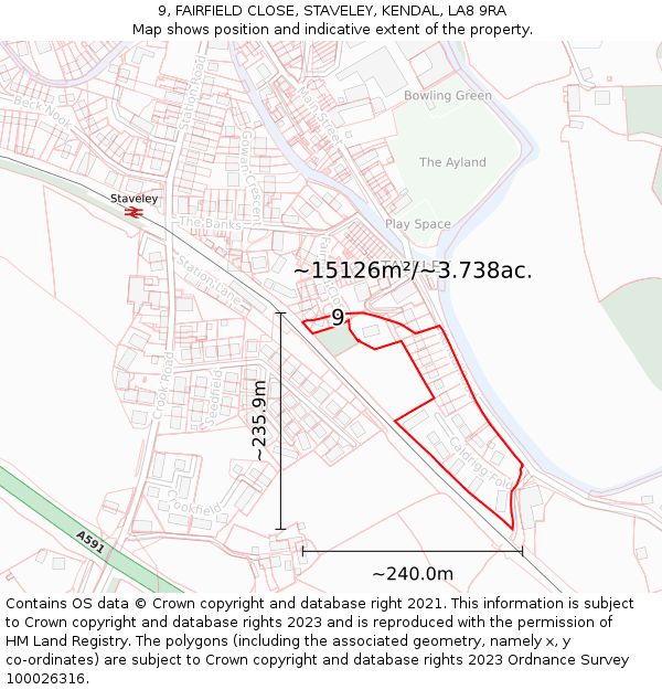 9, FAIRFIELD CLOSE, STAVELEY, KENDAL, LA8 9RA: Plot and title map