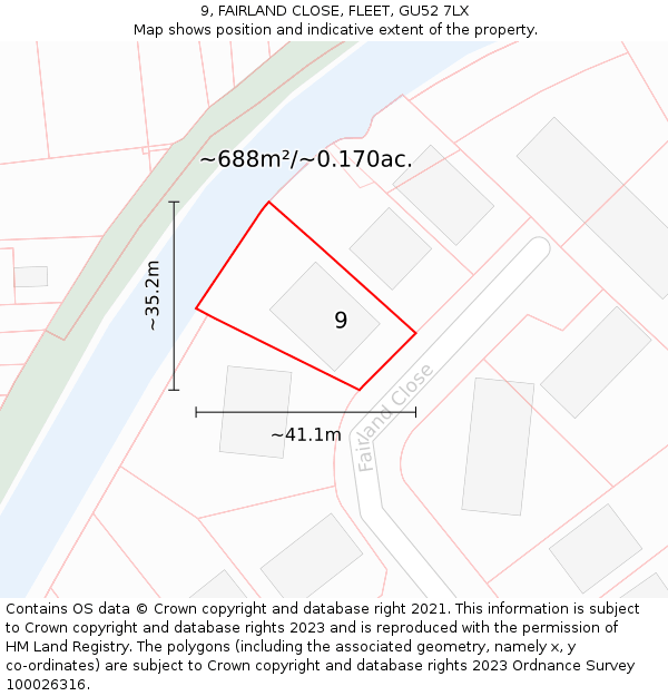 9, FAIRLAND CLOSE, FLEET, GU52 7LX: Plot and title map