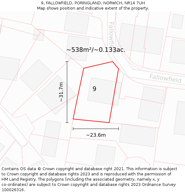 9, FALLOWFIELD, PORINGLAND, NORWICH, NR14 7UH: Plot and title map