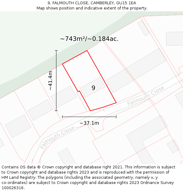 9, FALMOUTH CLOSE, CAMBERLEY, GU15 1EA: Plot and title map