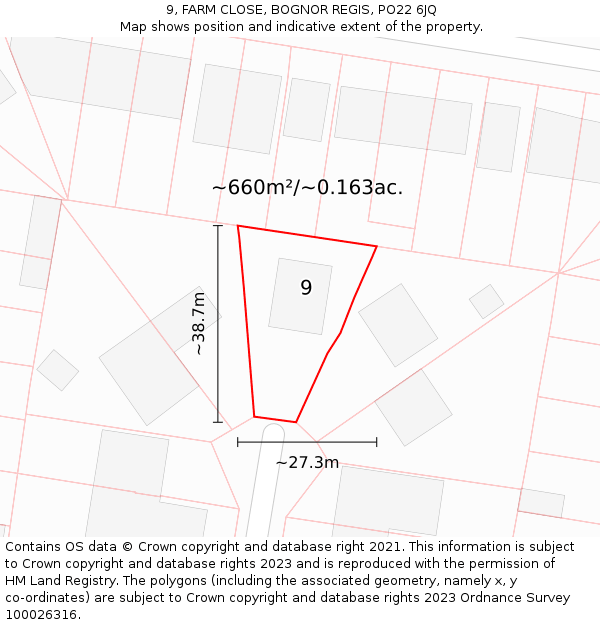 9, FARM CLOSE, BOGNOR REGIS, PO22 6JQ: Plot and title map