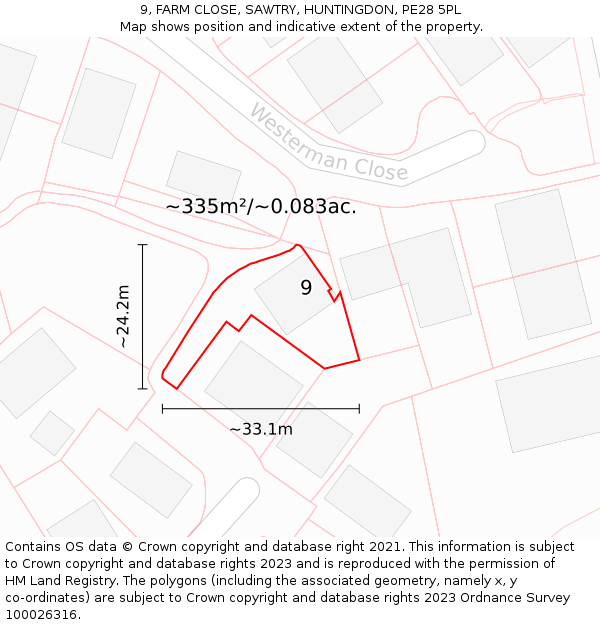 9, FARM CLOSE, SAWTRY, HUNTINGDON, PE28 5PL: Plot and title map