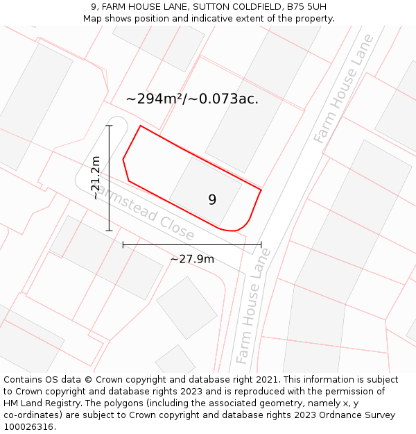 9, FARM HOUSE LANE, SUTTON COLDFIELD, B75 5UH: Plot and title map