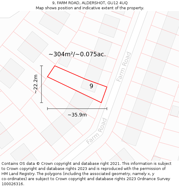 9, FARM ROAD, ALDERSHOT, GU12 4UQ: Plot and title map