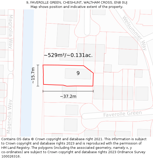 9, FAVEROLLE GREEN, CHESHUNT, WALTHAM CROSS, EN8 0UJ: Plot and title map