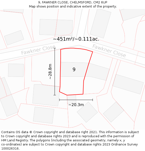 9, FAWKNER CLOSE, CHELMSFORD, CM2 6UP: Plot and title map