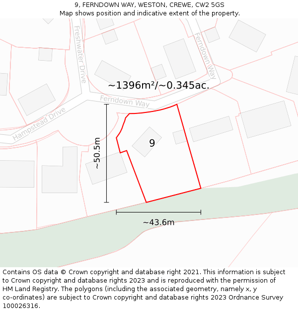 9, FERNDOWN WAY, WESTON, CREWE, CW2 5GS: Plot and title map