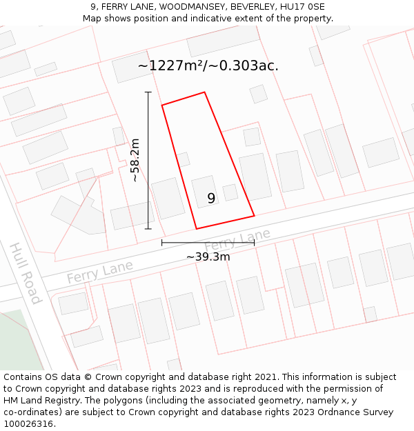 9, FERRY LANE, WOODMANSEY, BEVERLEY, HU17 0SE: Plot and title map