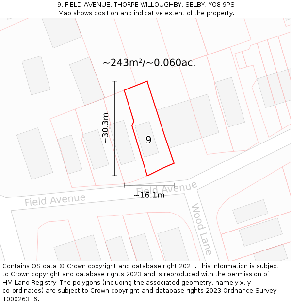 9, FIELD AVENUE, THORPE WILLOUGHBY, SELBY, YO8 9PS: Plot and title map