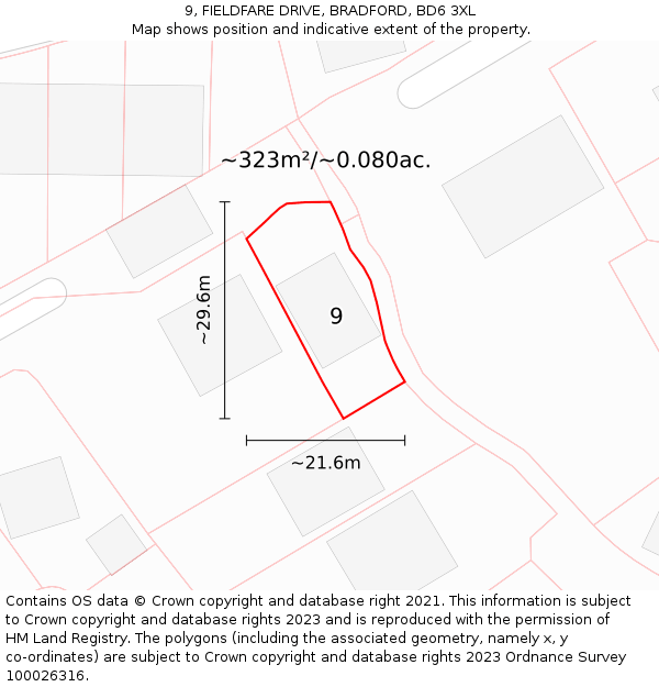 9, FIELDFARE DRIVE, BRADFORD, BD6 3XL: Plot and title map