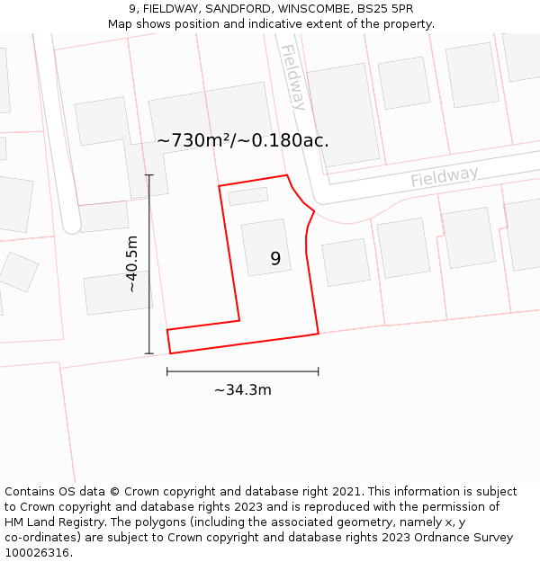 9, FIELDWAY, SANDFORD, WINSCOMBE, BS25 5PR: Plot and title map