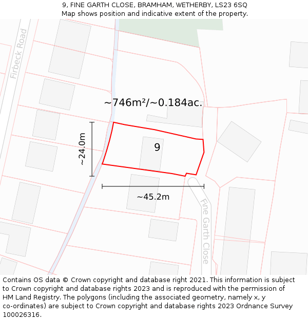 9, FINE GARTH CLOSE, BRAMHAM, WETHERBY, LS23 6SQ: Plot and title map