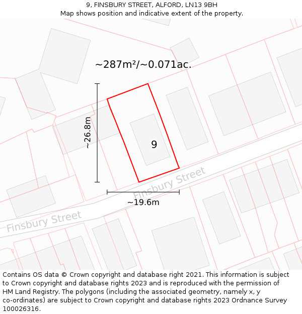 9, FINSBURY STREET, ALFORD, LN13 9BH: Plot and title map