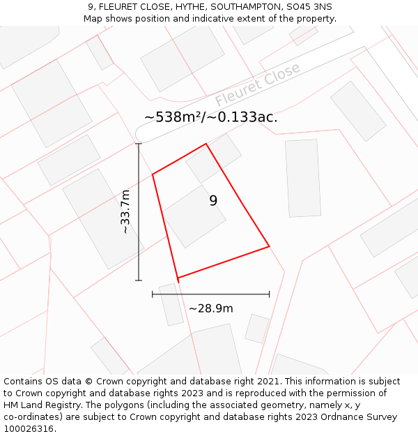 9, FLEURET CLOSE, HYTHE, SOUTHAMPTON, SO45 3NS: Plot and title map