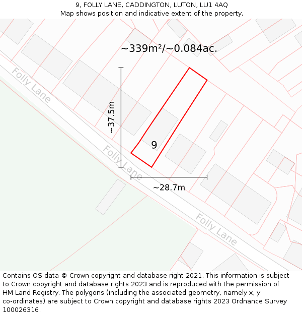9, FOLLY LANE, CADDINGTON, LUTON, LU1 4AQ: Plot and title map