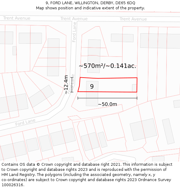 9, FORD LANE, WILLINGTON, DERBY, DE65 6DQ: Plot and title map
