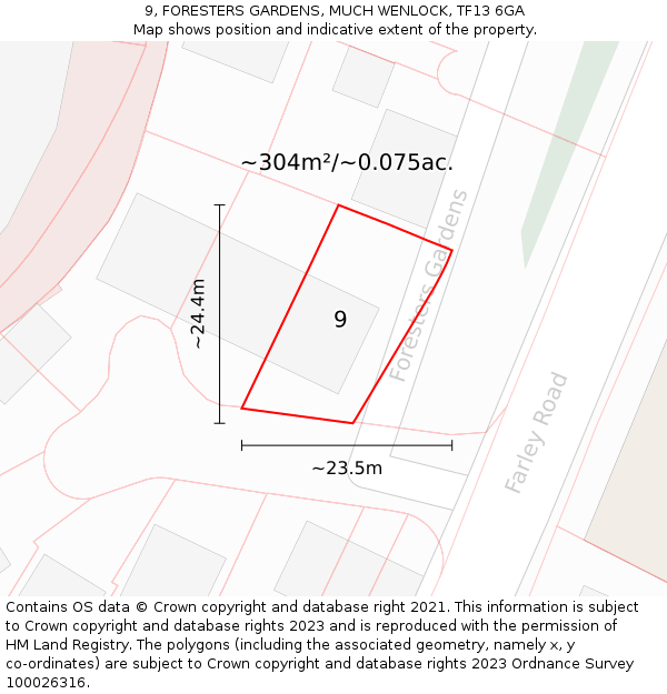 9, FORESTERS GARDENS, MUCH WENLOCK, TF13 6GA: Plot and title map