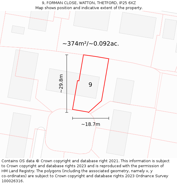 9, FORMAN CLOSE, WATTON, THETFORD, IP25 6XZ: Plot and title map