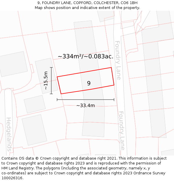 9, FOUNDRY LANE, COPFORD, COLCHESTER, CO6 1BH: Plot and title map