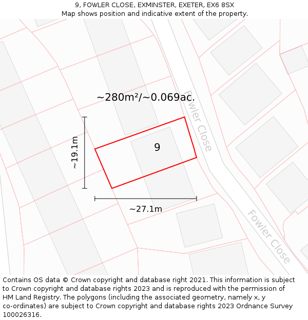 9, FOWLER CLOSE, EXMINSTER, EXETER, EX6 8SX: Plot and title map