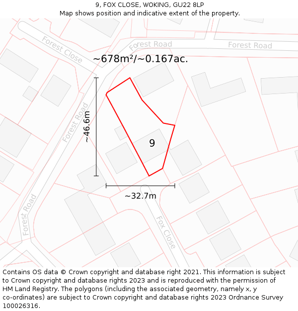 9, FOX CLOSE, WOKING, GU22 8LP: Plot and title map