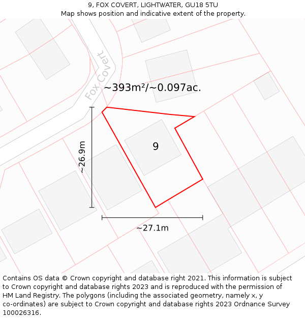 9, FOX COVERT, LIGHTWATER, GU18 5TU: Plot and title map