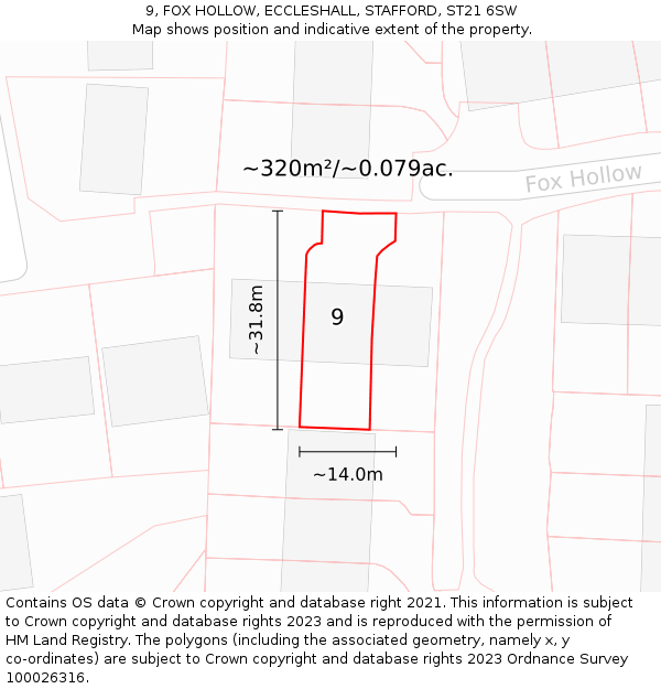 9, FOX HOLLOW, ECCLESHALL, STAFFORD, ST21 6SW: Plot and title map