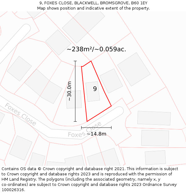 9, FOXES CLOSE, BLACKWELL, BROMSGROVE, B60 1EY: Plot and title map