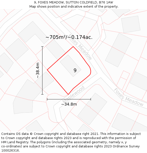 9, FOXES MEADOW, SUTTON COLDFIELD, B76 1AW: Plot and title map