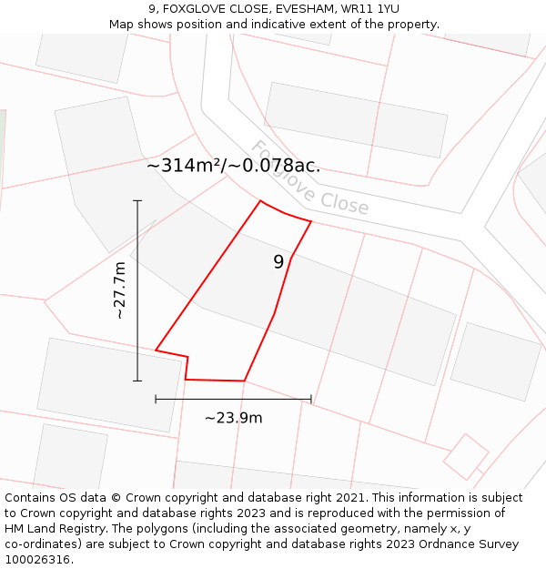 9, FOXGLOVE CLOSE, EVESHAM, WR11 1YU: Plot and title map