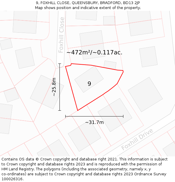 9, FOXHILL CLOSE, QUEENSBURY, BRADFORD, BD13 2JP: Plot and title map