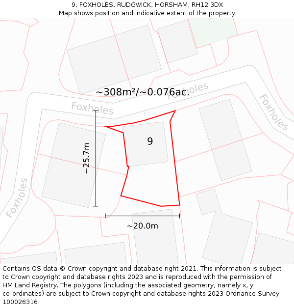 9, FOXHOLES, RUDGWICK, HORSHAM, RH12 3DX: Plot and title map