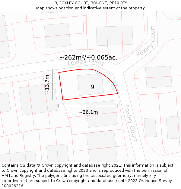 9, FOXLEY COURT, BOURNE, PE10 9TY: Plot and title map