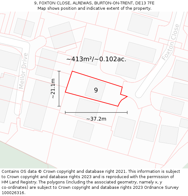 9, FOXTON CLOSE, ALREWAS, BURTON-ON-TRENT, DE13 7FE: Plot and title map