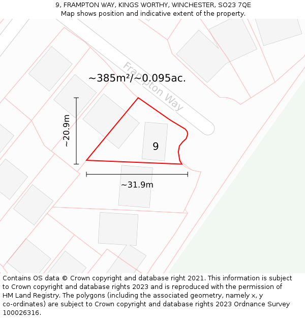 9, FRAMPTON WAY, KINGS WORTHY, WINCHESTER, SO23 7QE: Plot and title map