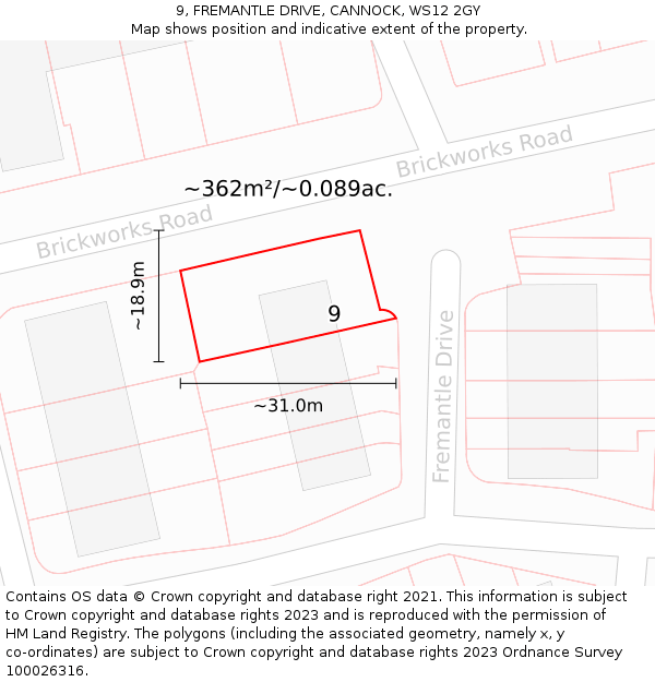 9, FREMANTLE DRIVE, CANNOCK, WS12 2GY: Plot and title map